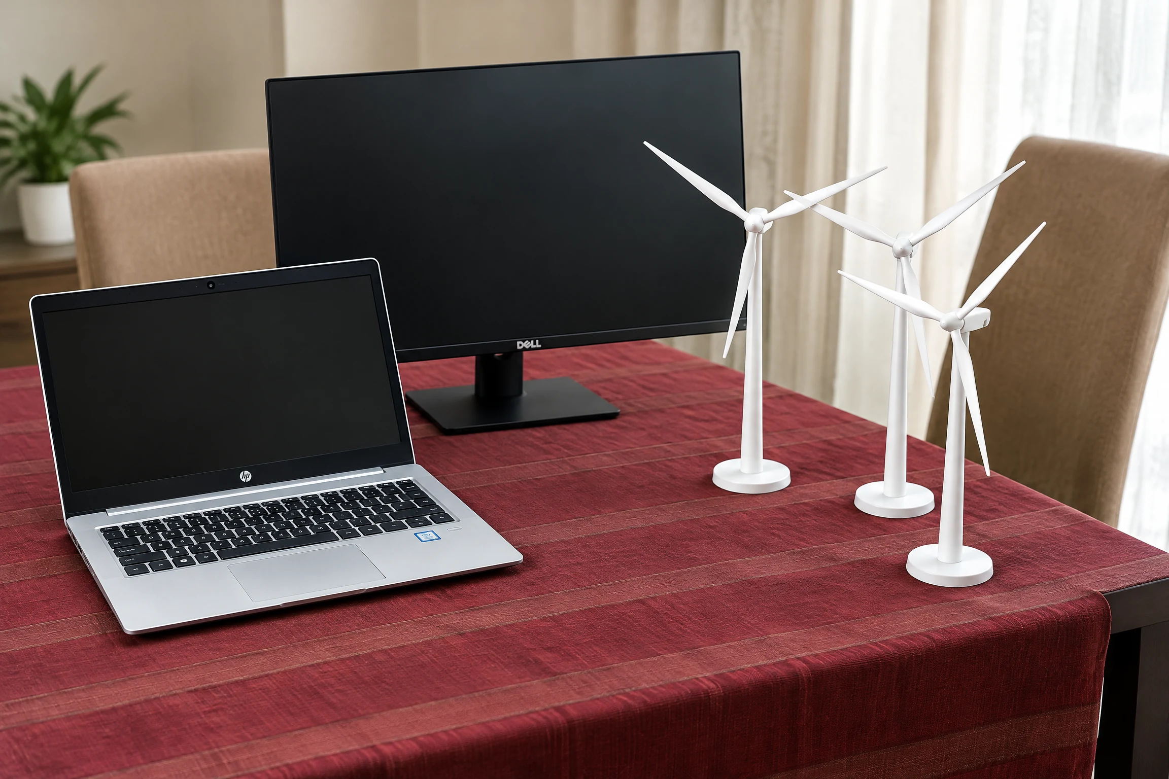 Renewable-energy equipment workspace with a laptop, monitor and wind-turbine models
